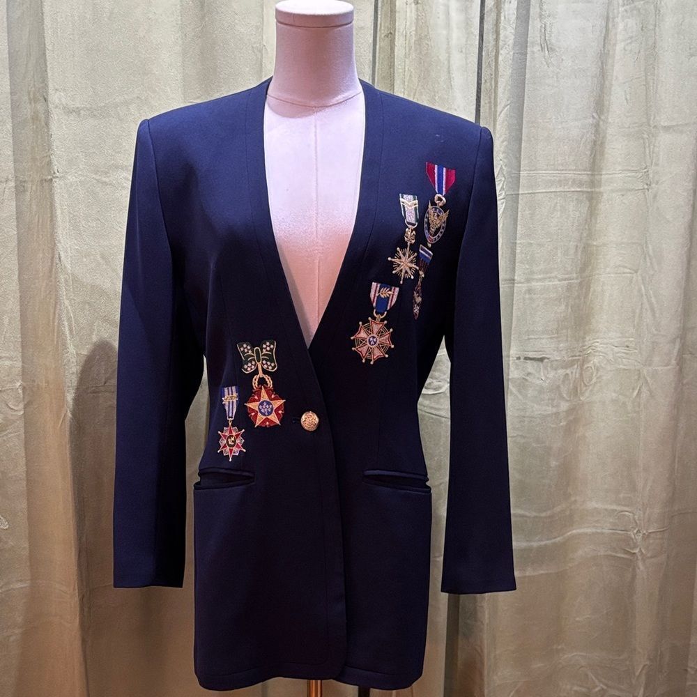 Suzelle Navy Blazer with embroidered Medal Embellishments, US4